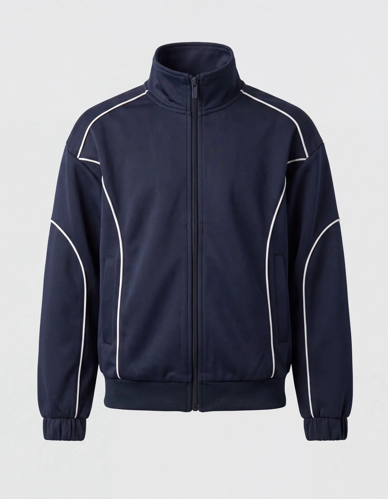 The same navy track jacket as a clean ghost mannequin packshot on a light grey background